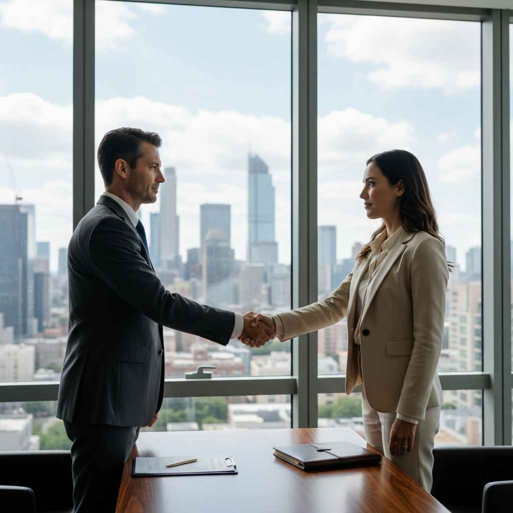 A photorealistic image of two professional adults in a modern office setting, shaking hands across a desk during a job interview, symbolizing the confidentiality and trust in employment agreements. The scene conveys professionalism and agreement without showing any documents.