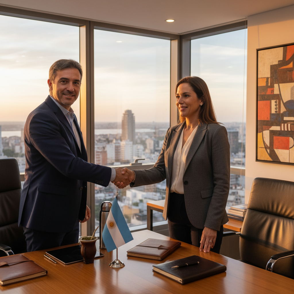 A photorealistic image of a professional adult employee in a modern office environment in Argentina, signing an agreement with a colleague, symbolizing confidentiality and employment trust, with subtle Argentine elements like a flag or cityscape in the background, no children present.