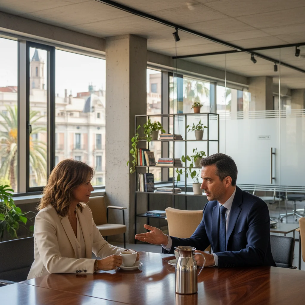 A photorealistic image depicting a professional business meeting between two adults in a modern Spanish office, symbolizing confidentiality in employment agreements, with one person handing over a folder to the other, conveying trust and professionalism without showing any legal documents directly.