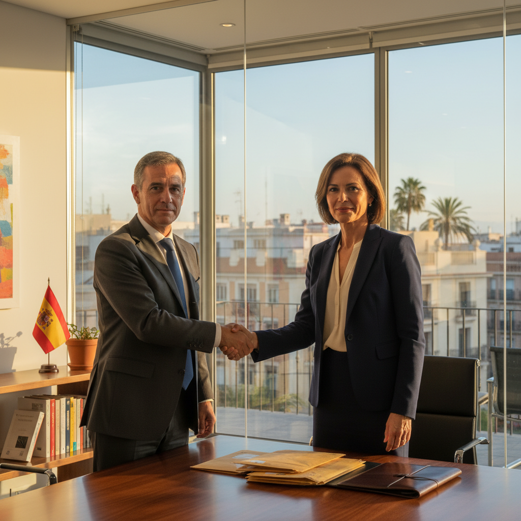 A photorealistic image of two professional adults in a modern Spanish office setting, shaking hands across a desk to symbolize a confidentiality agreement in employment, with subtle Spanish elements like a flag or architecture in the background, conveying trust and professionalism without showing any legal documents.