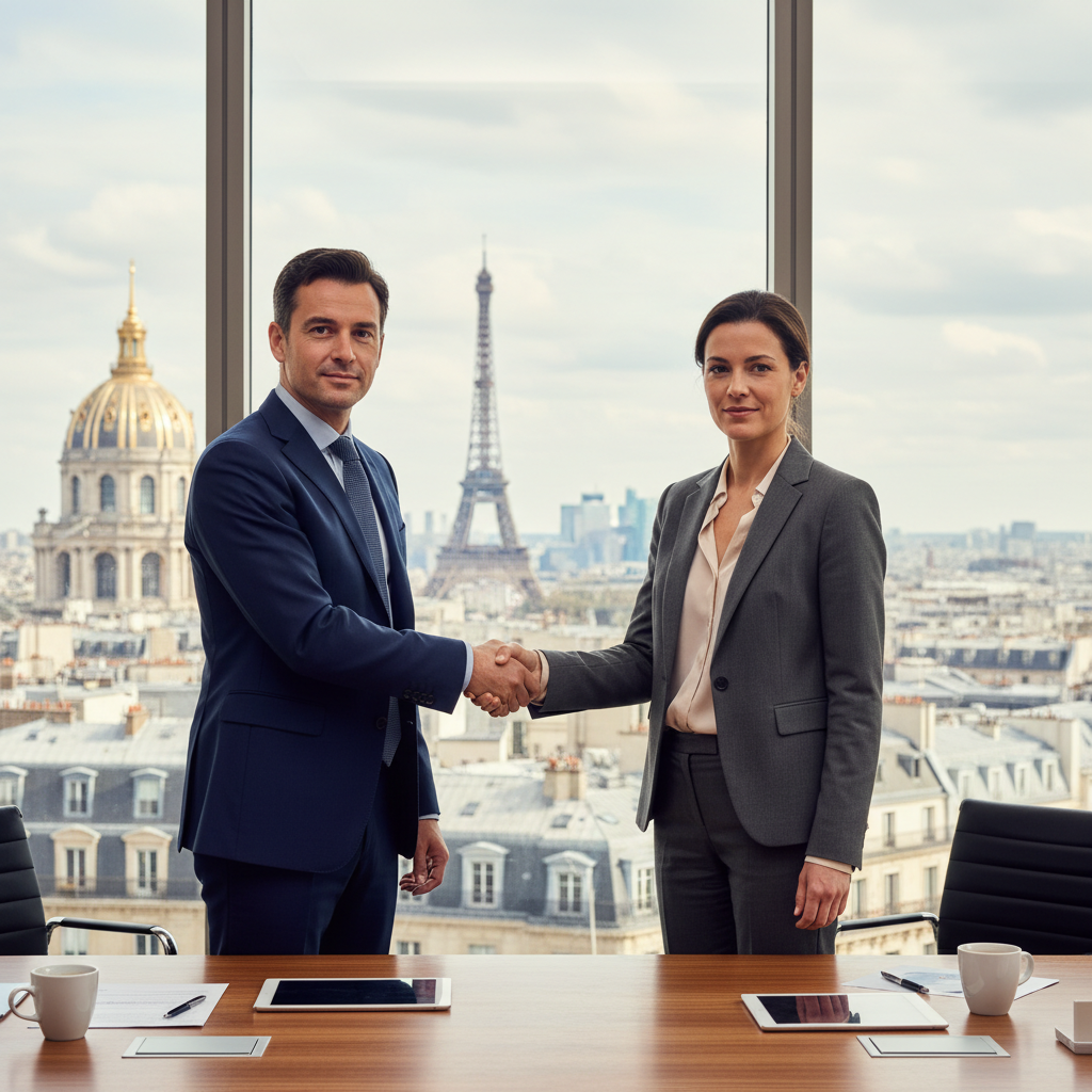 A photorealistic image depicting a professional handshake between two adults in a modern French office setting, symbolizing trust and confidentiality in an employment context, with no children present.