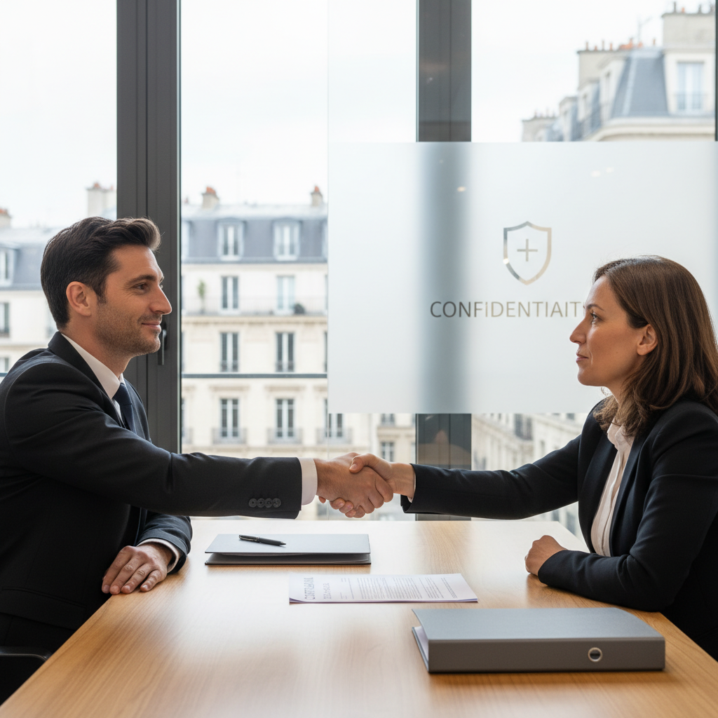 A photorealistic image of a professional adult employee in a modern French office, shaking hands with an employer across a desk, symbolizing trust and confidentiality in an employment agreement, with subtle French elements like a window view of Paris in the background. No children present.