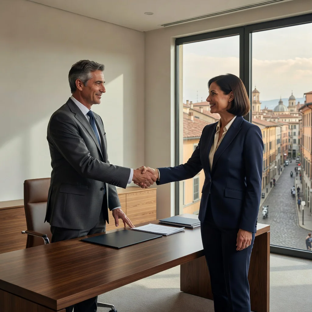 A photorealistic image of two professional adults in a modern Italian office setting, shaking hands across a desk to symbolize a confidential business agreement in the workplace, with subtle Italian elements like a flag or architecture in the background, conveying trust and professionalism without focusing on any documents.