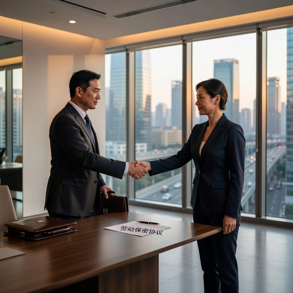 A photorealistic image depicting a professional business meeting in a modern Chinese office, where two adults are shaking hands across a conference table, symbolizing the agreement and trust in a labor confidentiality pact, with subtle Chinese cultural elements like a city skyline view from the window, no children present.