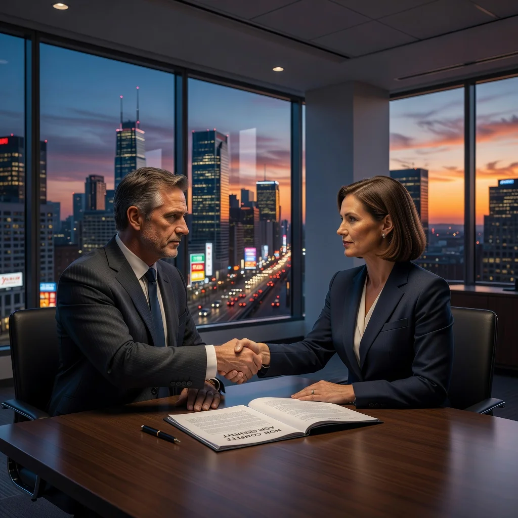 A photorealistic image depicting two professional adults in a modern office setting, shaking hands across a desk to symbolize a non-compete agreement, with subtle elements like a city skyline in the background representing business competition, no children present.