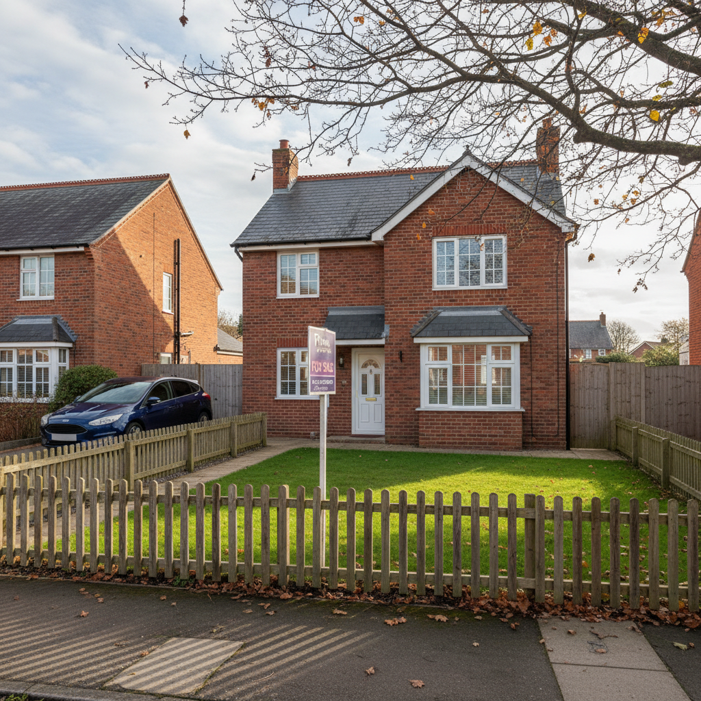 A photorealistic image of a modern British suburban home with a 'For Sale' sign in the front garden, under a partly cloudy sky, symbolizing property transactions and legal restrictions in UK real estate.