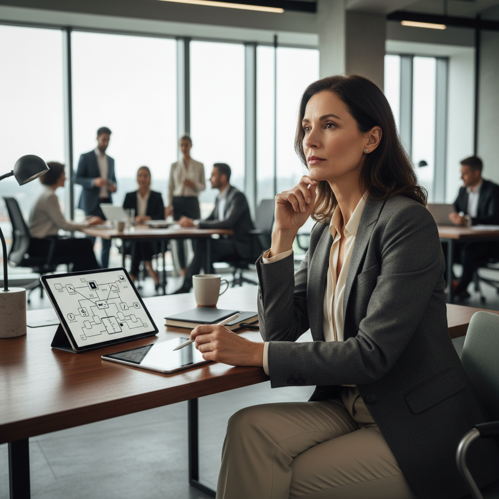 A photorealistic image depicting a professional adult employee in a modern office environment, symbolizing themes of employment contracts and non-compete clauses, with the worker focused on their tasks, conveying a sense of career commitment and workplace dynamics. No children are present in the image.