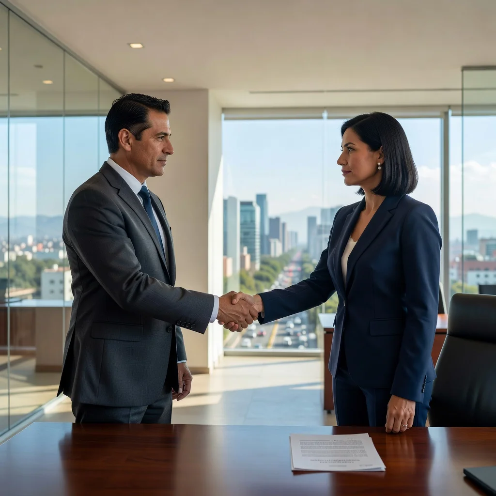 A photorealistic image of two professional adults in a modern Mexican office setting, shaking hands across a desk with a subtle non-compete contract in the background, symbolizing the legal agreement on competition clauses in Mexican employment contracts. The focus is on the professionals' confident expressions and the business environment, conveying trust and legal validity without showing any documents prominently.
