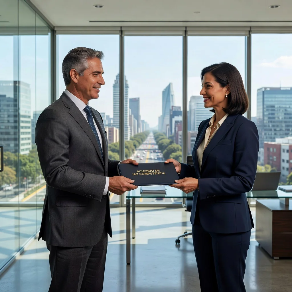 A photorealistic image of two professional adults in a modern Mexican office setting, one handing over a contract to the other, symbolizing a non-compete agreement in employment, with subtle Mexican cultural elements like a flag or cityscape in the background. No children present. The image captures a moment of professional agreement and career transition.