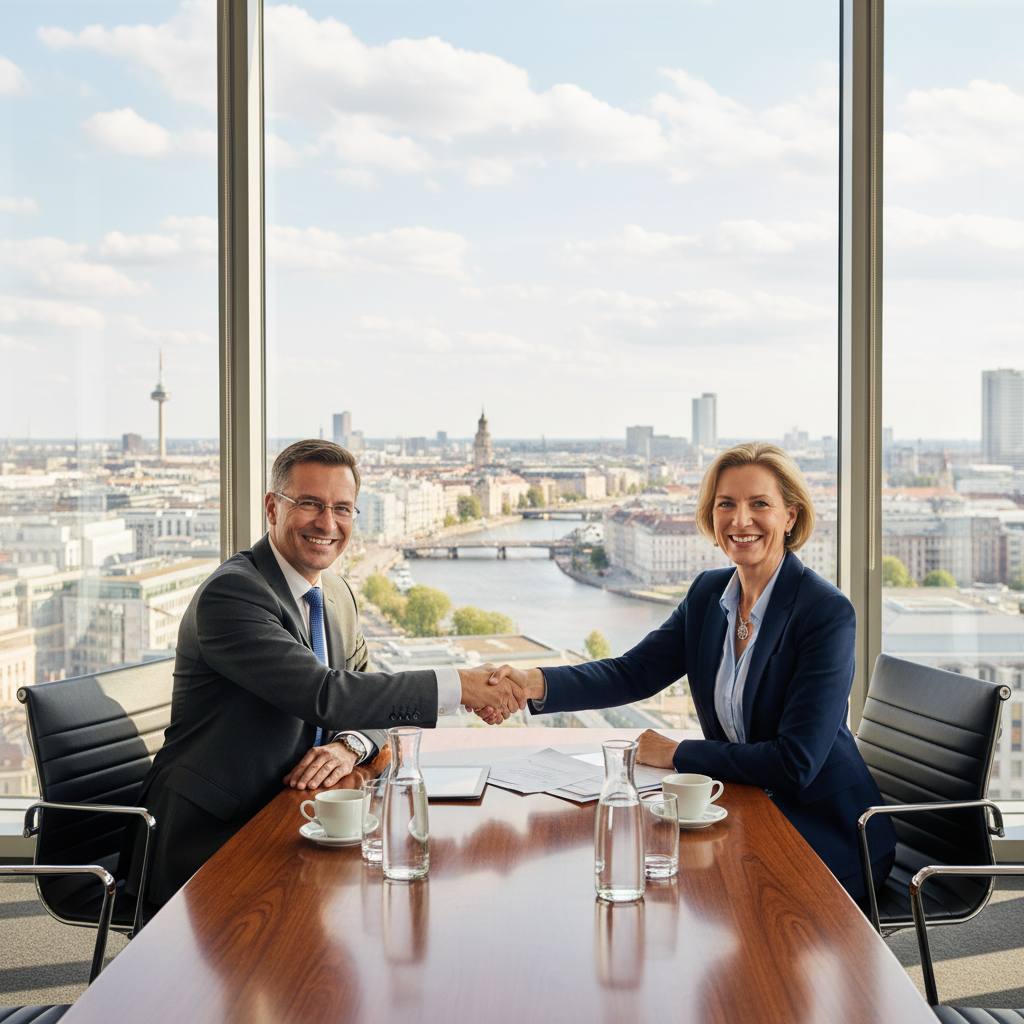 A photorealistic image depicting a professional business meeting in a modern German office, where an employer and employee are discussing terms across a table, symbolizing the concept of a non-compete agreement in employment without showing any documents. The scene conveys professionalism and agreement, with adults only, no children present.