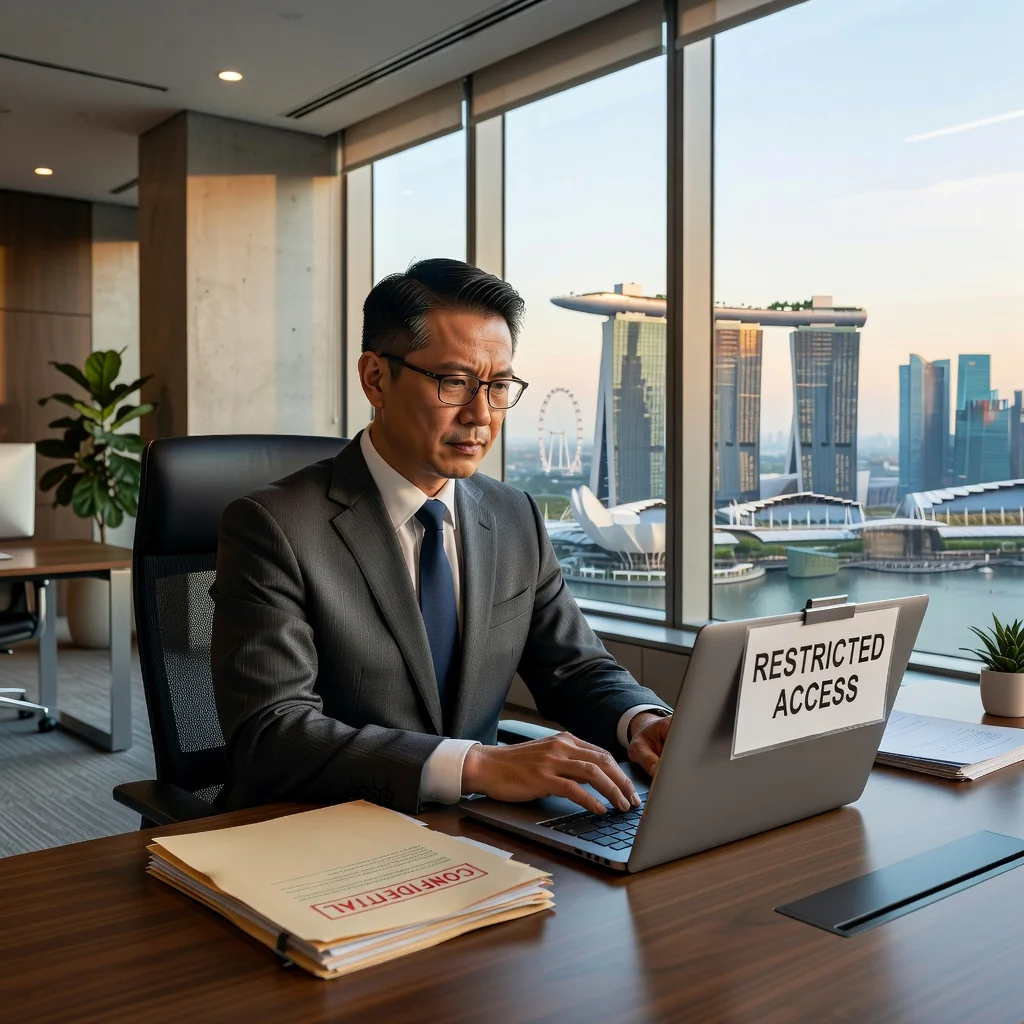 A photorealistic image depicting a professional adult employee in a modern Singapore office environment, symbolizing employment and the constraints of work contracts, with elements like a city skyline view representing Singapore's business hub, focusing on themes of career commitment and professional boundaries without showing any legal documents.