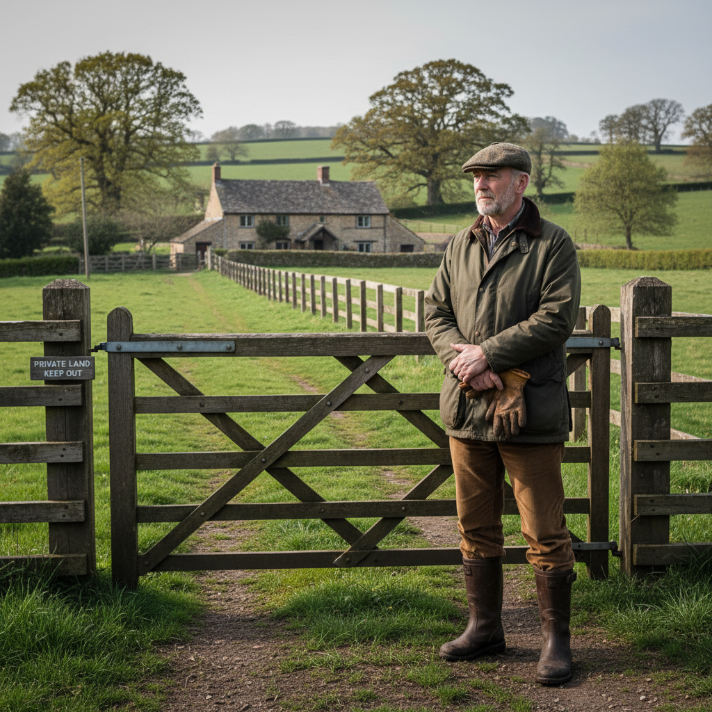 A photorealistic image of a determined UK landowner standing on their rural property, examining a boundary fence or gate that symbolizes property restrictions, with a picturesque English countryside landscape in the background including fields and a distant manor house, conveying a sense of enforcement and protection of land rights.