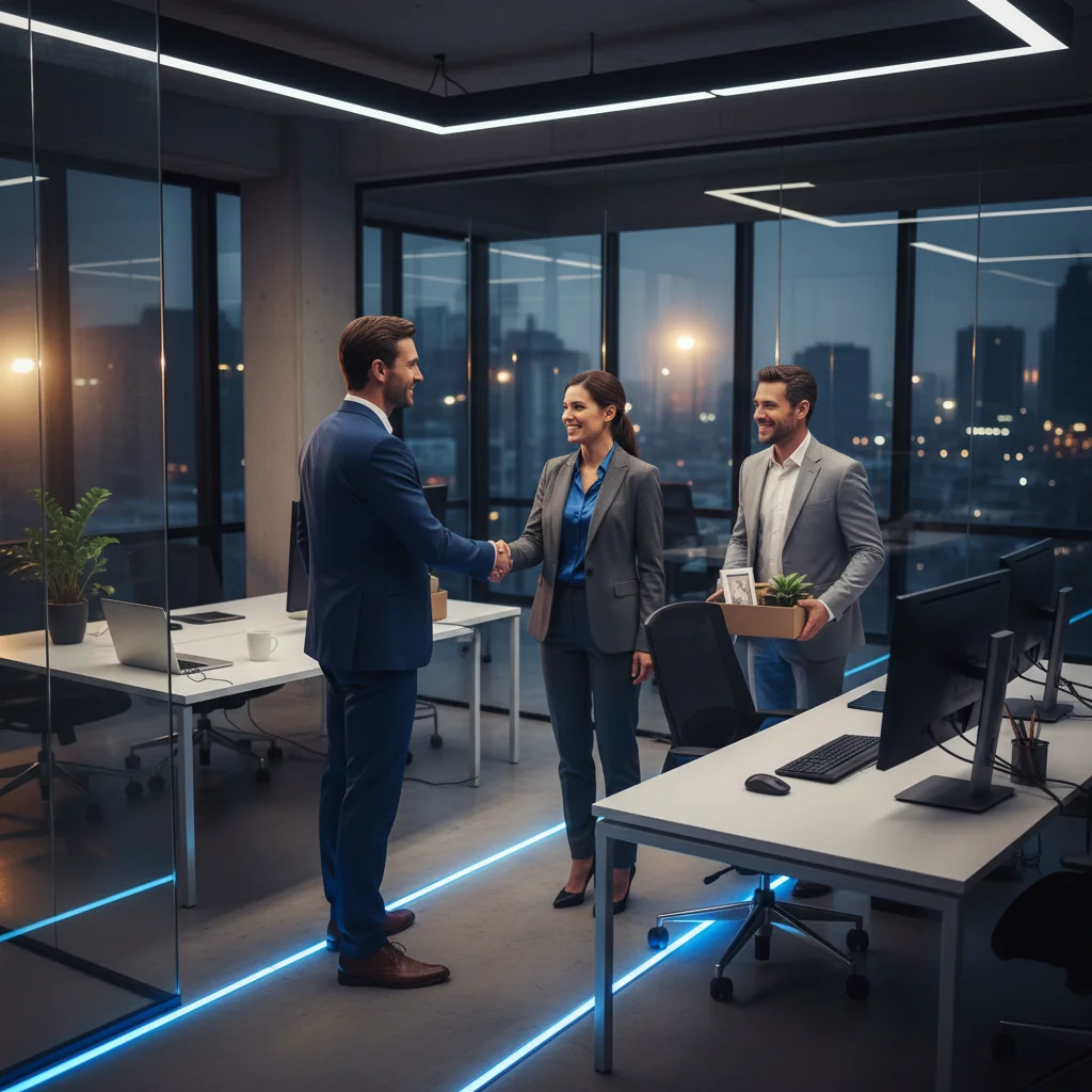 A professional business scene depicting a confident executive in a modern office, shaking hands with a colleague across a desk, symbolizing a new employment agreement or partnership, with subtle elements like a city skyline in the background to represent career opportunities and business mobility in the US.