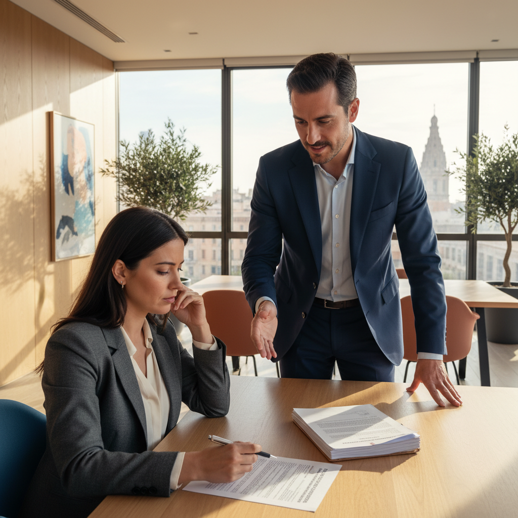 A photorealistic image of a professional adult in a modern office setting, looking contemplative while shaking hands with a colleague across a desk, symbolizing a business agreement or non-compete clause discussion, with no legal documents visible, no children present, high detail and realistic lighting.