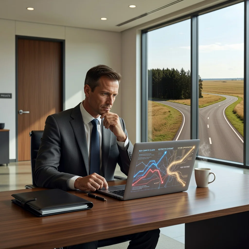 A photorealistic image symbolizing non-compete agreements in employment, depicting a professional adult in a modern office setting, looking thoughtful while reviewing career options on a computer, with subtle elements like a locked door or a path diverging, representing restrictions and choices in professional life, no children present.