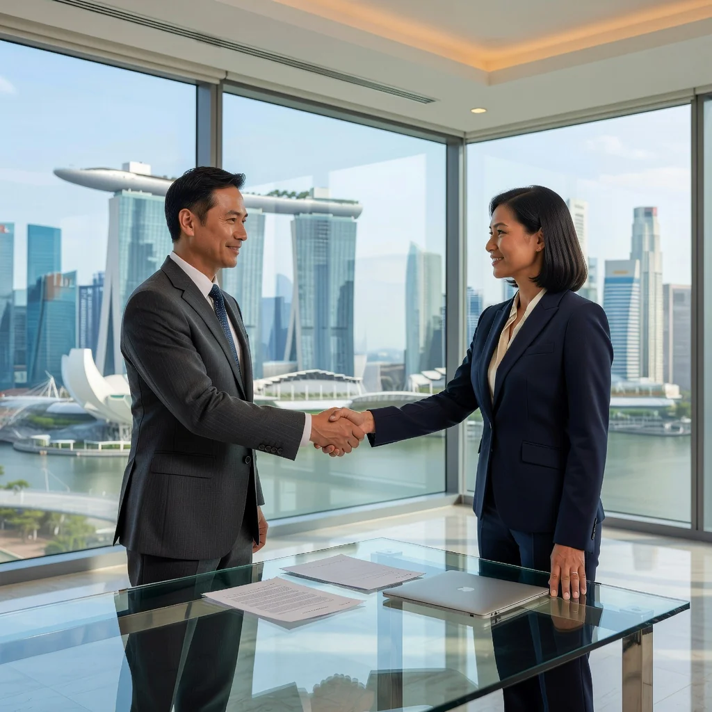 A photorealistic image depicting a professional business meeting in a modern Singapore office, where two adults are shaking hands across a conference table, symbolizing agreement and protection of business interests, with a subtle view of the Singapore skyline in the background through large windows. No children are present. The image is photorealistic, not a graphic or drawing.