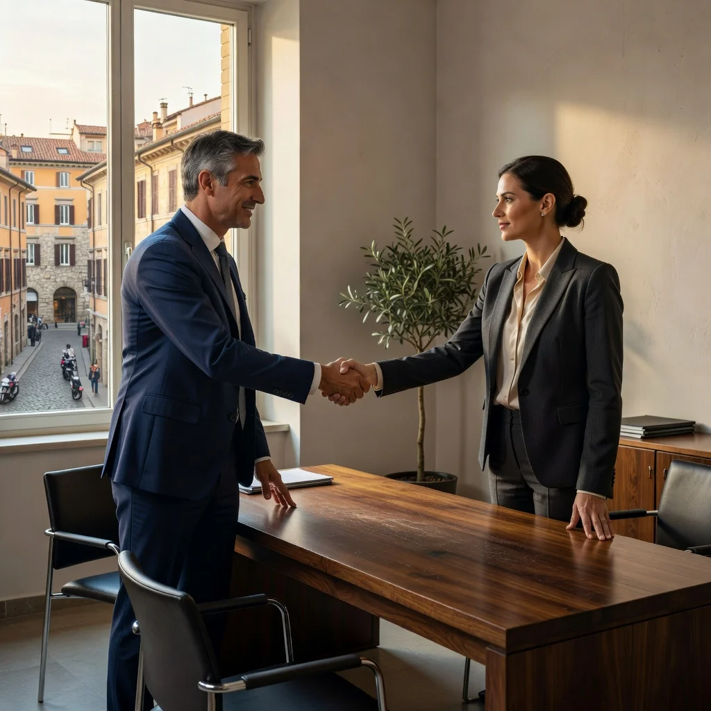 A photorealistic image representing the concept of a non-compete agreement in Italy, showing a professional adult employee in a modern office setting, looking thoughtful while shaking hands with a colleague across a desk, symbolizing commitment and professional boundaries, with subtle Italian elements like a flag or map in the background.