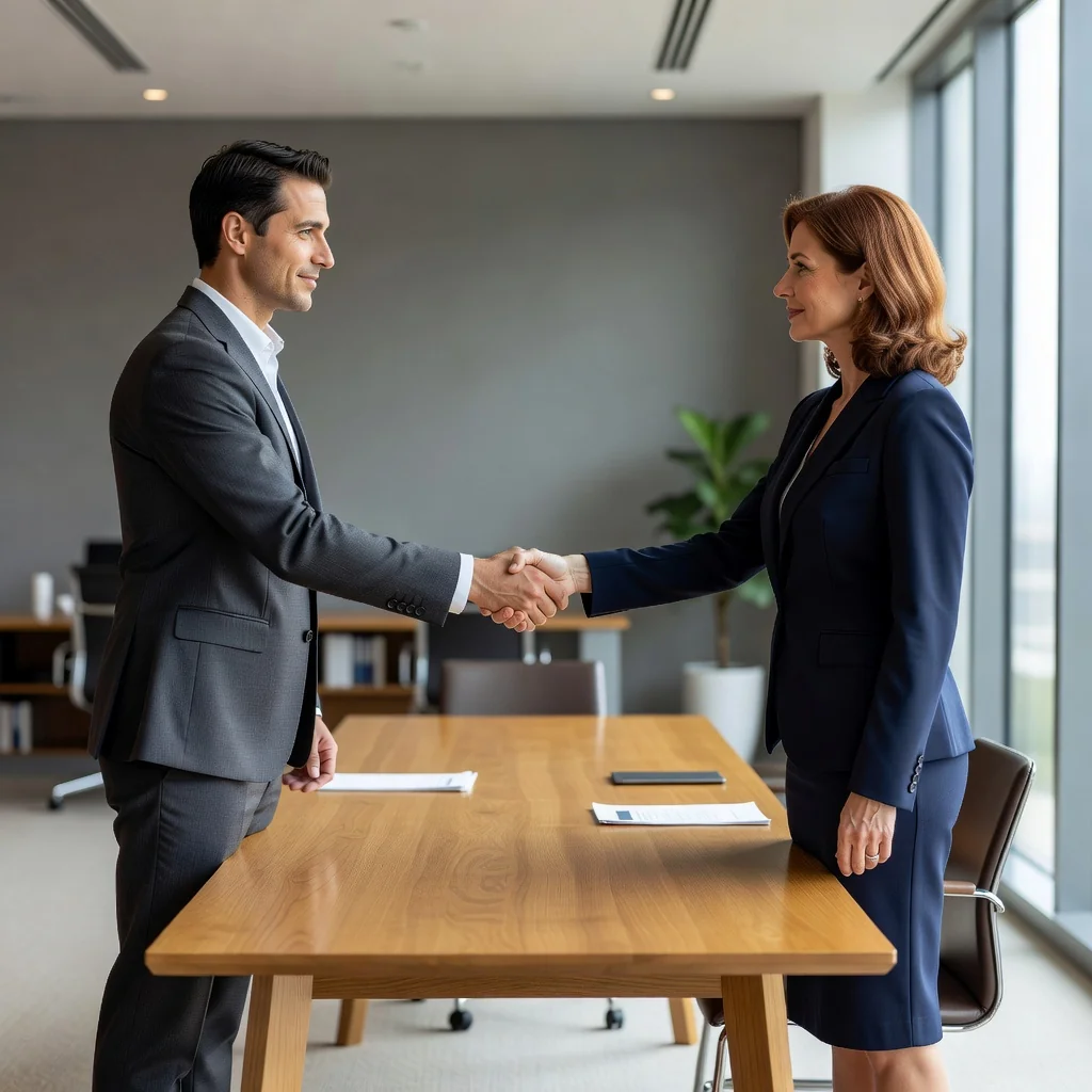 A photorealistic image symbolizing a non-compete agreement, showing two professional adults in a business meeting, one shaking hands with the other across a conference table, representing a commitment to avoid competition after leaving a company. The setting is a modern office with subtle business elements like laptops and charts in the background, conveying trust and professional boundaries. No children are present in the image.