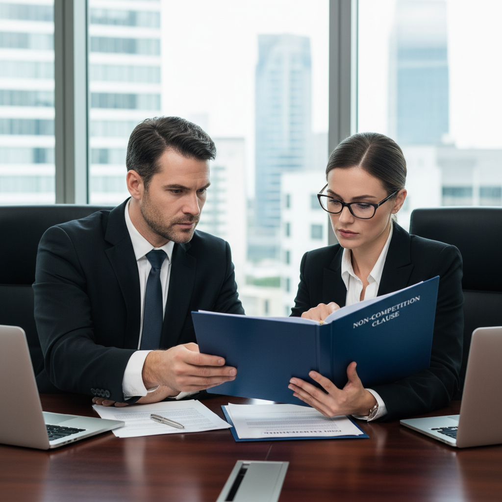A photorealistic image depicting a professional business meeting in a modern office where adults are discussing and signing a non-compete agreement, symbolizing the legal foundations of competition bans, with no children present.