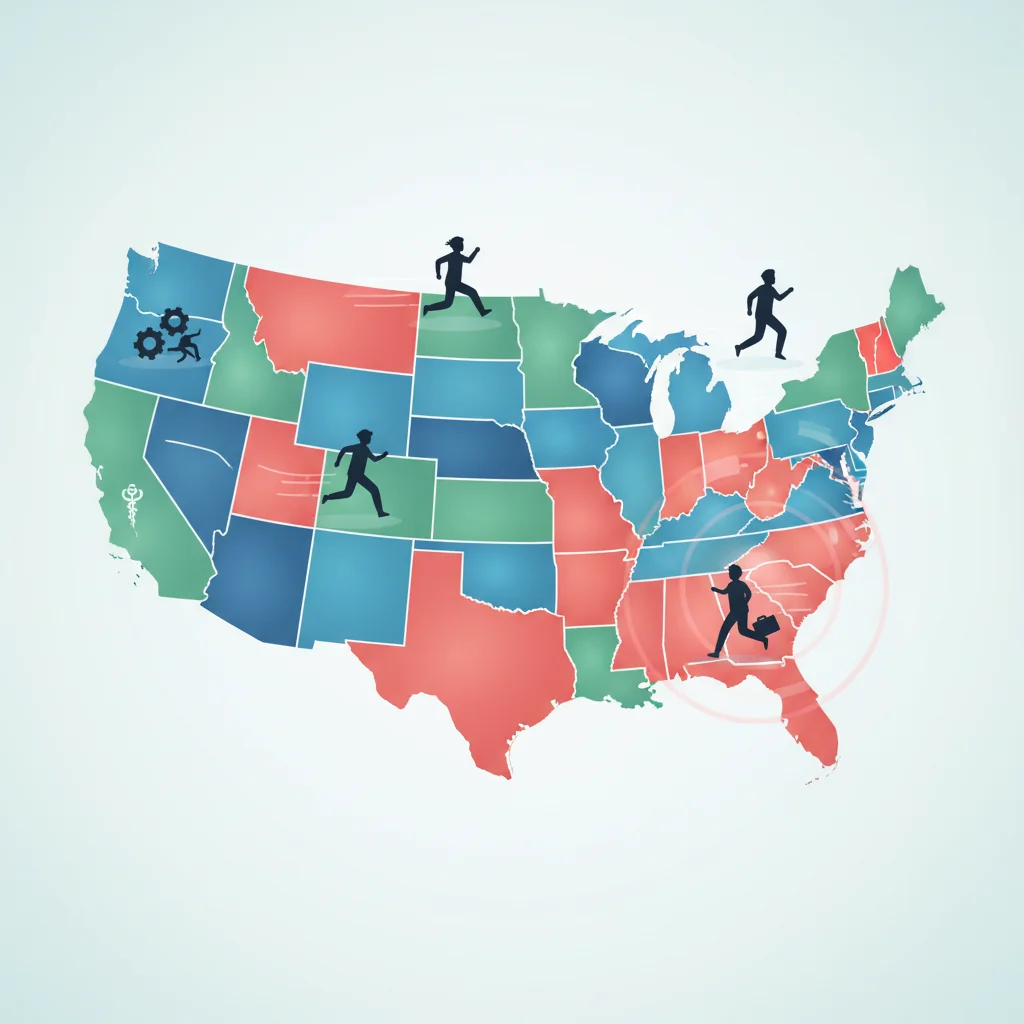 A symbolic illustration of the United States map with diverse workers in various professions standing on different states, connected by threads representing employment mobility, highlighting variations in non-compete restrictions without focusing on legal documents.