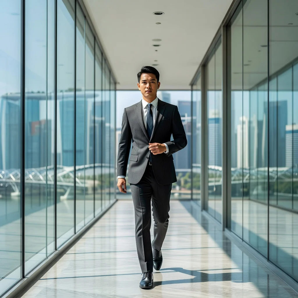 A photorealistic image depicting a professional adult in a modern Singapore office environment, symbolizing career transitions and non-compete agreements. The scene shows a young adult professional, dressed in business attire, walking confidently through a sleek corporate hallway with city skyline views, representing the balance between employment restrictions and professional mobility. No children are present. The image is entirely photorealistic, with no graphics, drawings, or illustrations.