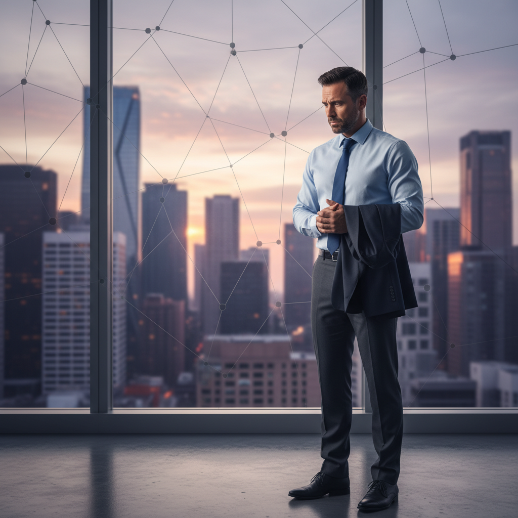 A photorealistic image depicting an adult professional looking stressed and trapped in a metaphorical sense, standing in a modern office environment with subtle barriers like locked doors or chains symbolizing restrictive non-compete clauses, conveying the legal consequences of abusive employment restrictions without showing any documents or children.