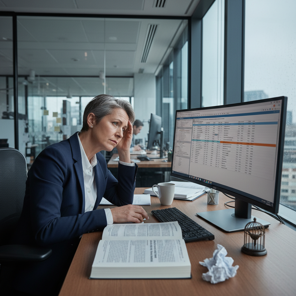 A photorealistic image depicting common challenges with restrictive covenants in the UK, showing a frustrated adult professional in a modern office setting, sitting at a desk with a laptop, looking stressed while reviewing work documents, symbolizing employment restrictions and non-compete clauses, no legal documents visible, no children present.