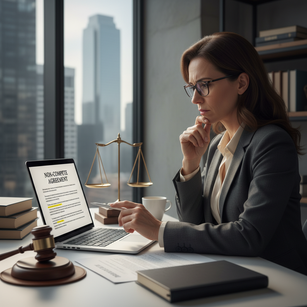 A photorealistic image depicting an adult employee in a professional office setting, looking thoughtful while reviewing a non-compete agreement on a computer screen, symbolizing the consequences and penalties of violating competition bans in employment.