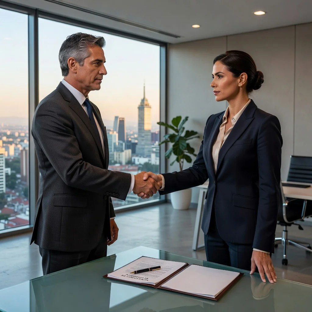A photorealistic image of a professional business meeting in a modern Mexican office, showing two adults shaking hands across a desk, symbolizing agreement and protection of business interests, with subtle Mexican cultural elements like a flag or cityscape in the background, no children present.
