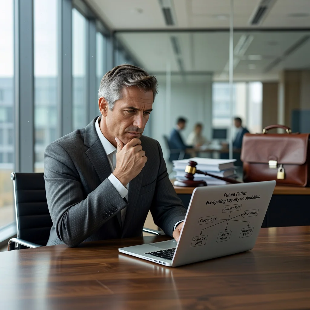 A photorealistic image of a professional adult employee in a modern office environment, symbolizing the concept of non-compete agreements in employment by showing the employee thoughtfully reviewing career options on a computer, with subtle elements like a handshake or a balance scale in the background to represent legal restrictions and professional boundaries, no children present.