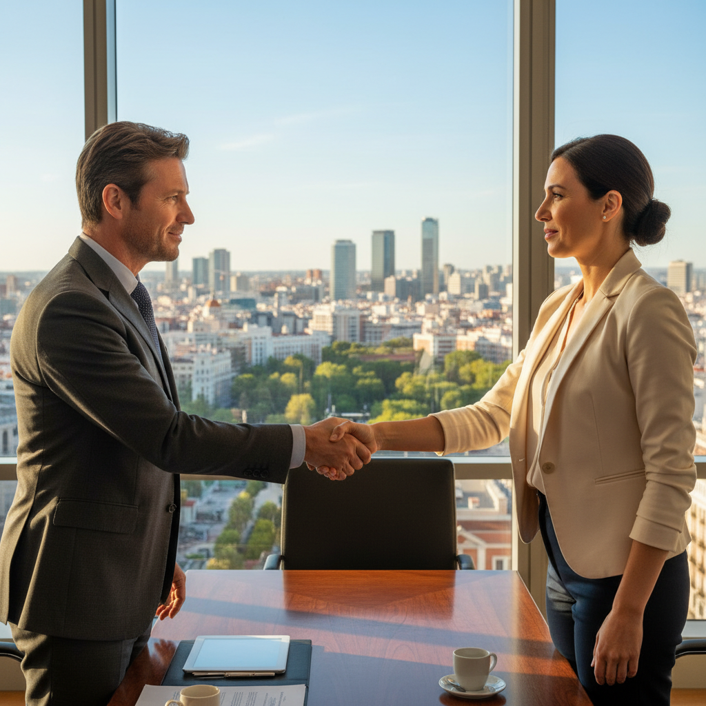 A photorealistic image of two professional adults in a modern Spanish office setting, shaking hands over a desk to symbolize a business agreement, with subtle elements like a Spanish flag or Madrid skyline in the background, conveying trust and partnership without showing any legal documents.