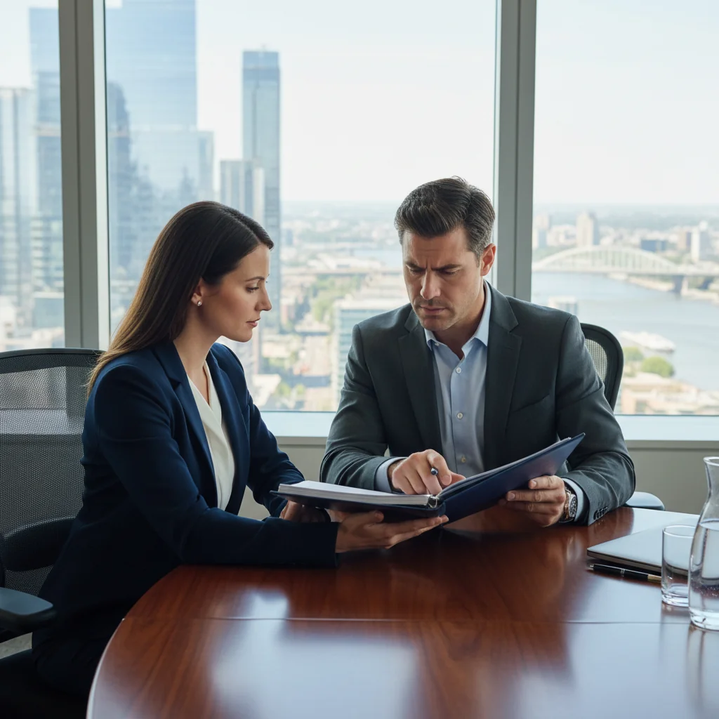 A photorealistic image depicting two professional adults in a business meeting room, one handing over a contract document to the other, symbolizing the discussion and agreement on non-compete clauses in an employment context, with a subtle background of a modern office to represent career transitions and restrictions.