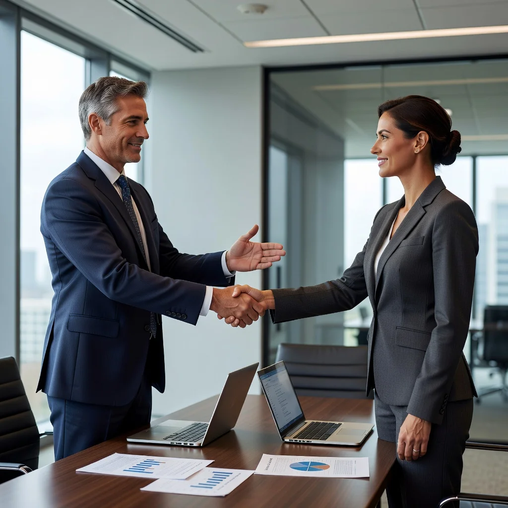 A professional business scene depicting corporate strategy and employee retention, showing two adults in a modern office shaking hands over a desk with city skyline view, symbolizing agreement on non-compete terms without focusing on documents.