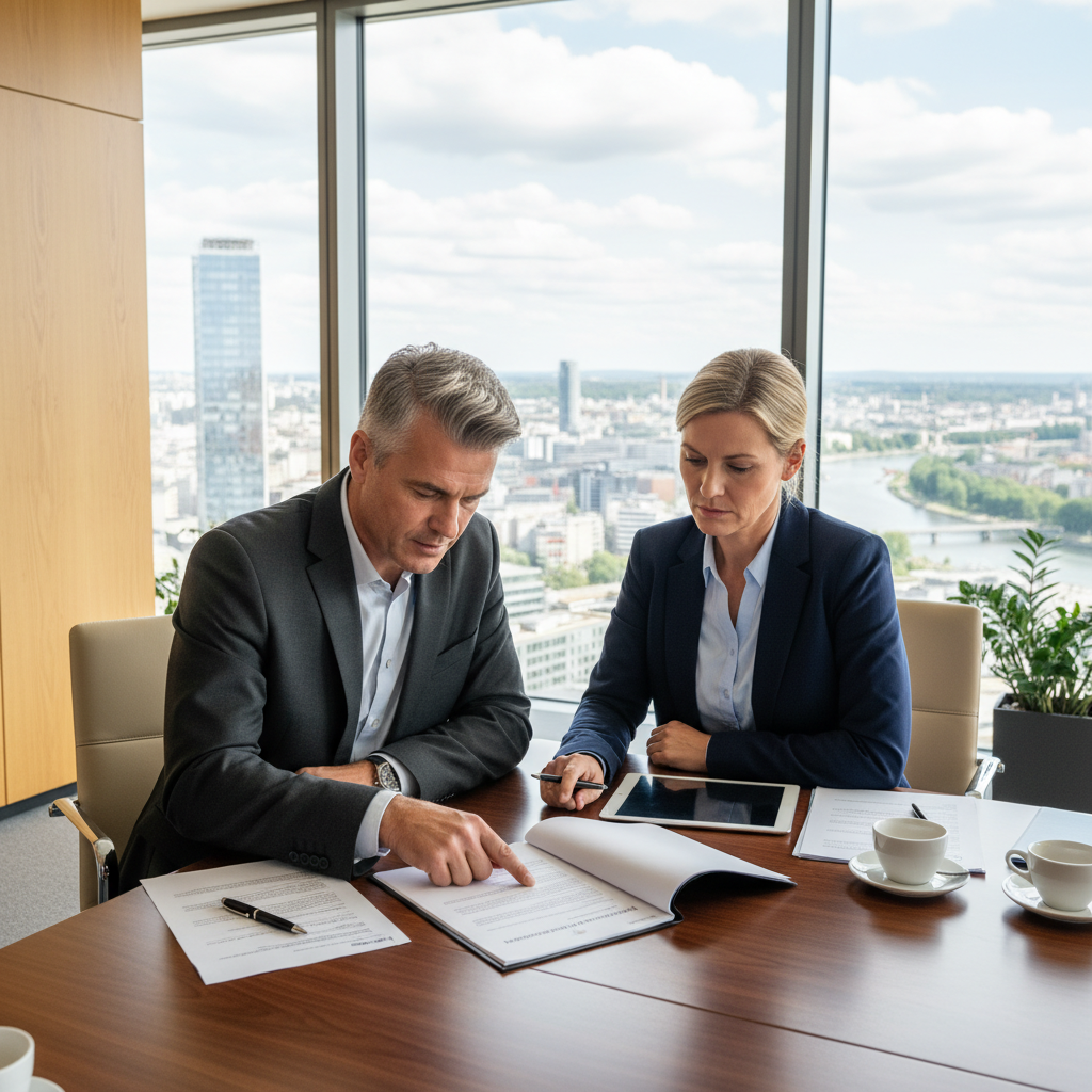 A professional business meeting in a modern German office, where adults are discussing a non-compete agreement, symbolizing the purpose of wettbewerbsverbot legal documents in Germany.