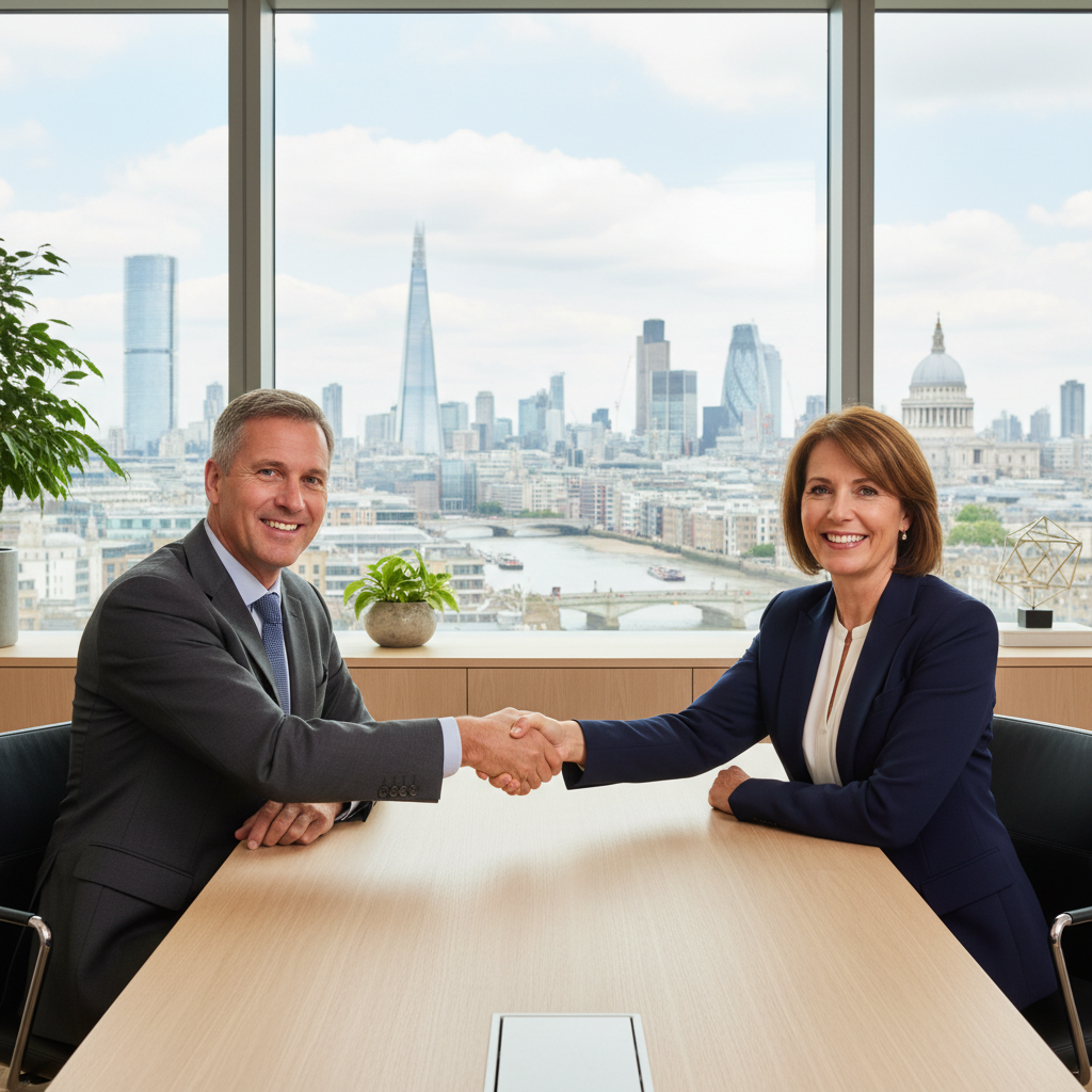 A photorealistic image of two professional adults in a modern UK office setting, shaking hands over a conference table with a city skyline visible through the window, symbolizing a business agreement or partnership protected by legal covenants, no children present.