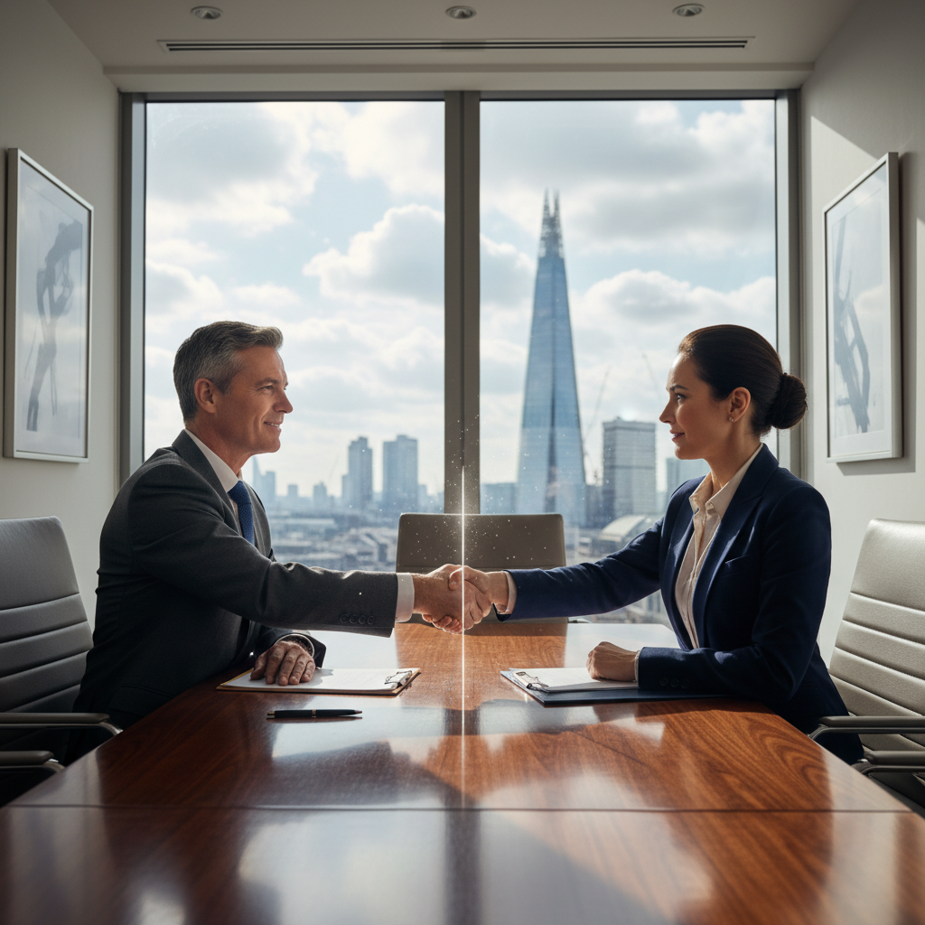 A photorealistic image representing the concept of restrictive covenants in UK legal documents, showing two adult business professionals in a modern office setting shaking hands over a conference table, symbolizing agreement and compliance with employment restrictions, with a subtle UK flag or London skyline in the background to indicate the United Kingdom context. No children are present in the image.