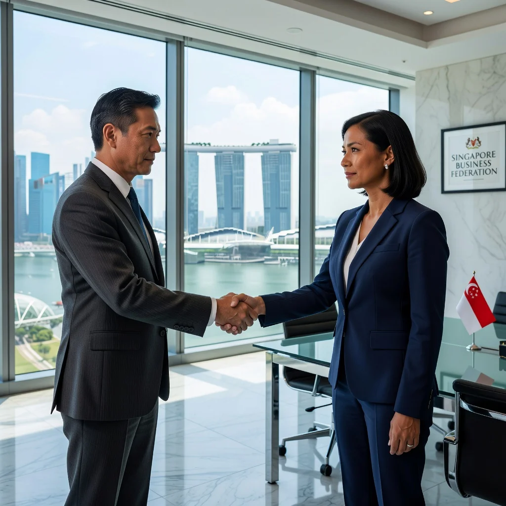 A photorealistic image representing the concept of restraint of trade in a professional Singaporean business context. It shows two adult business professionals in a modern Singapore office, one shaking hands with a concerned expression while the other looks determined, symbolizing agreement and restriction on future business activities. The background includes elements like the Singapore skyline through large windows, emphasizing local relevance. No children are present. The image is strictly photorealistic, not a graphic, drawing, or illustration.