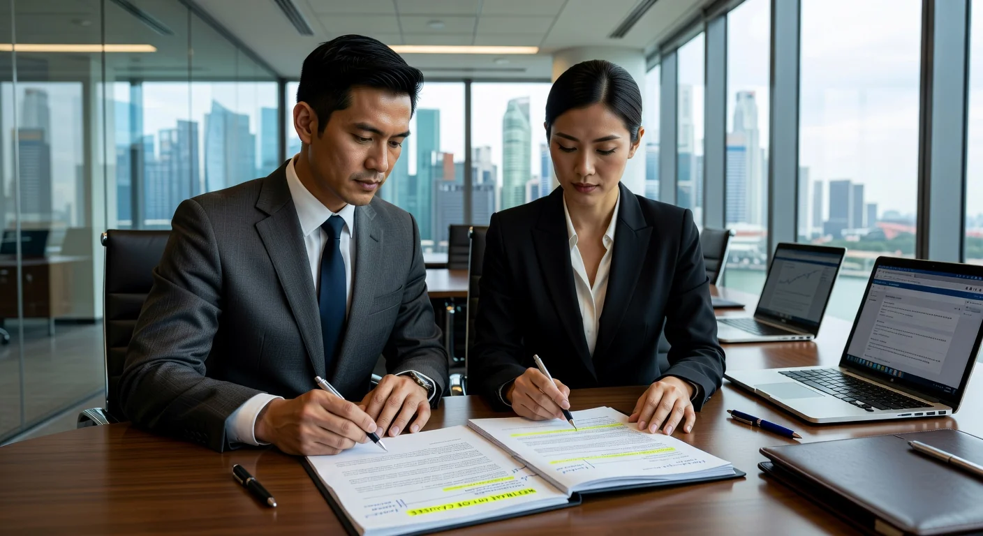 Business professionals reviewing contract