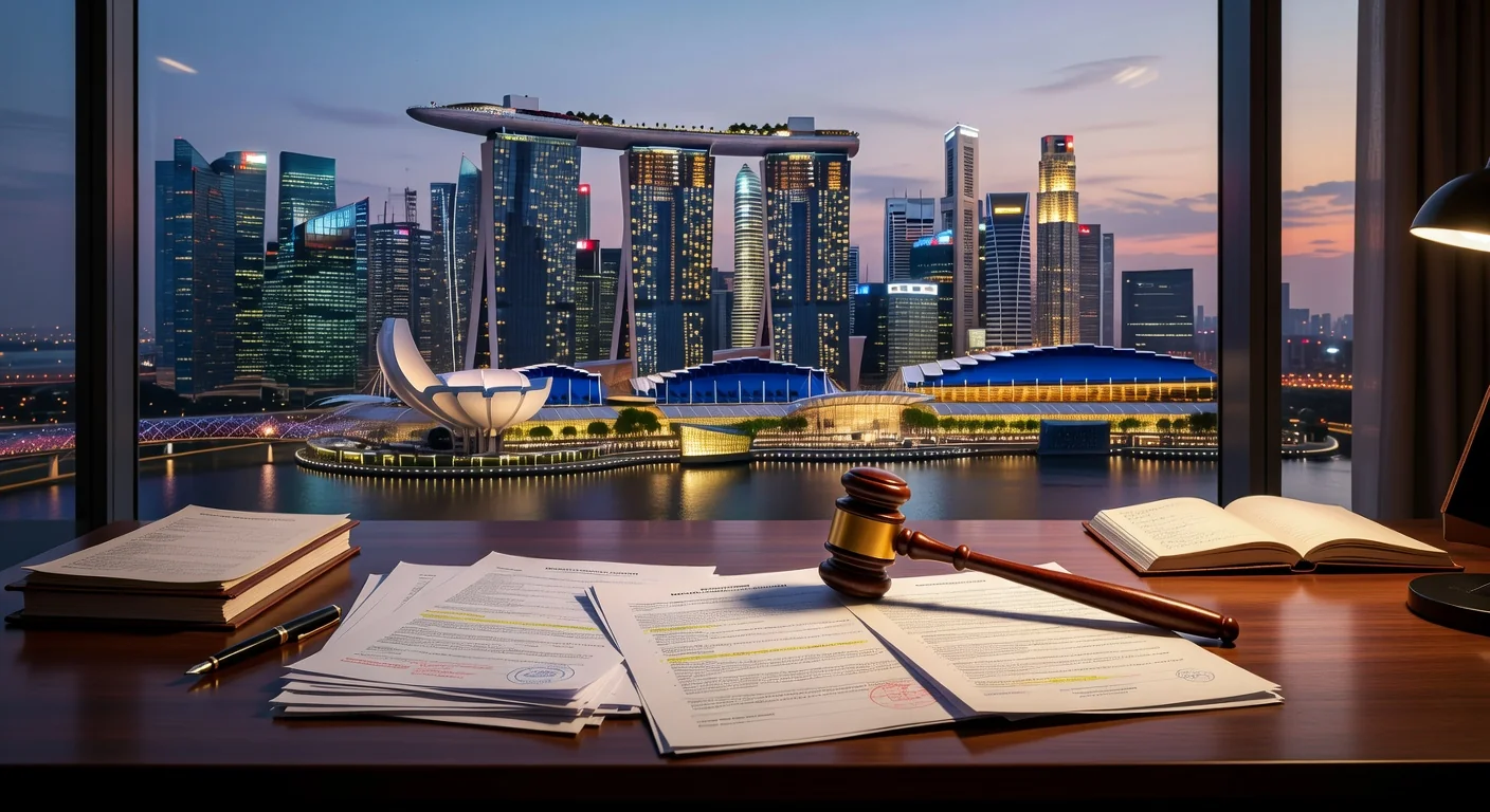 Singapore skyline with legal documents