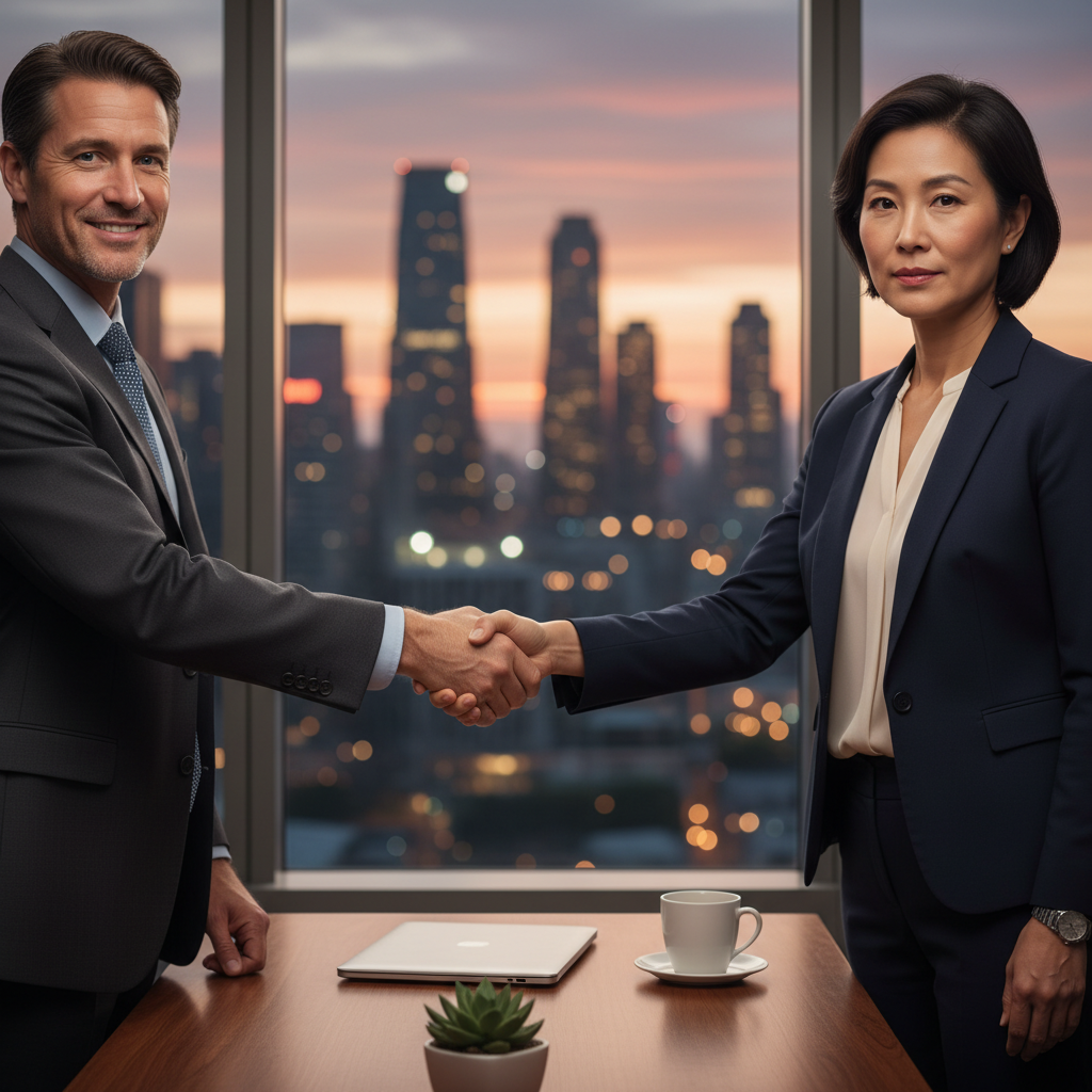 A photorealistic image of two professional adults in a modern office setting, shaking hands across a desk to symbolize a business agreement, with city skyline visible through large windows in the background, conveying trust and partnership without focusing on any documents.
