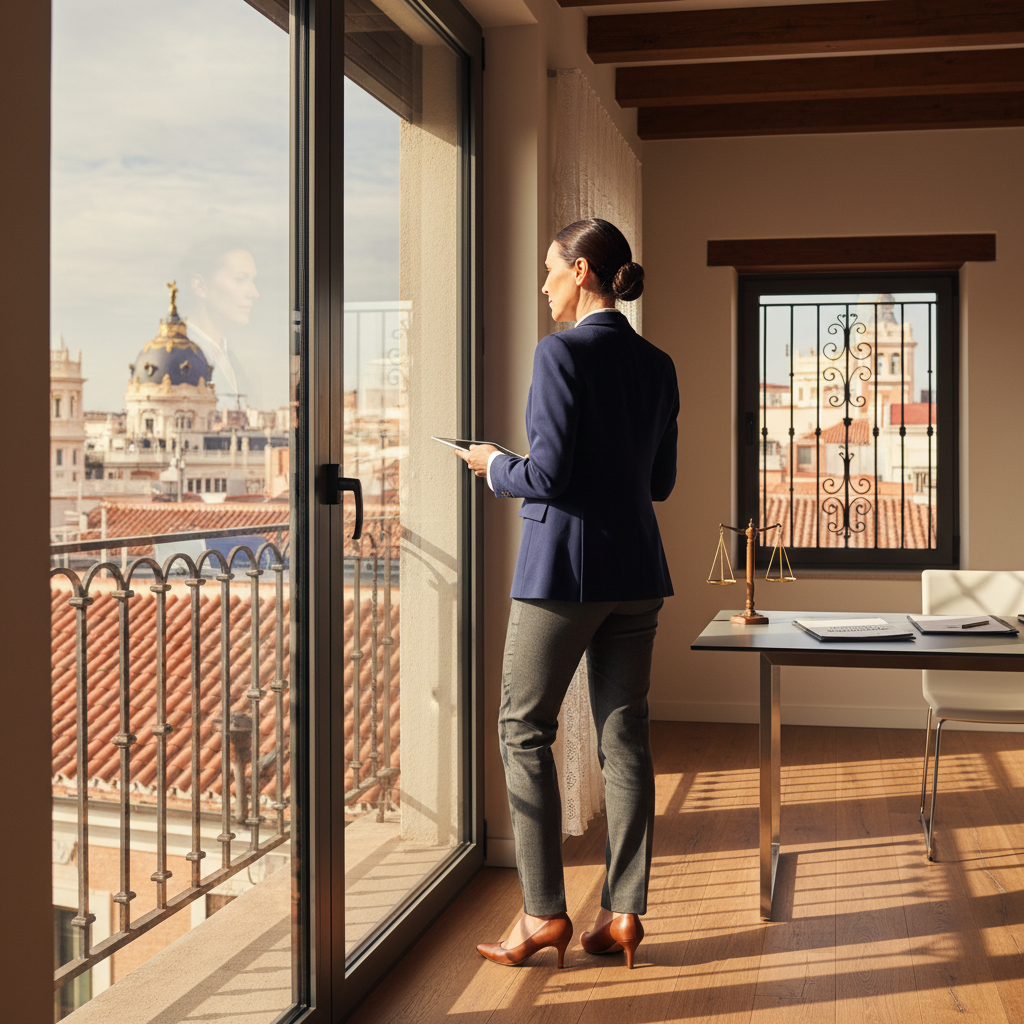 A photorealistic hero image representing the concept of non-compete clauses in Spanish legal contexts, focusing on professional protection and career boundaries. Depict a confident adult business professional in a modern Spanish office setting, standing by a window overlooking a cityscape like Madrid, symbolizing career progression while adhering to professional restrictions. No children or legal documents visible.
