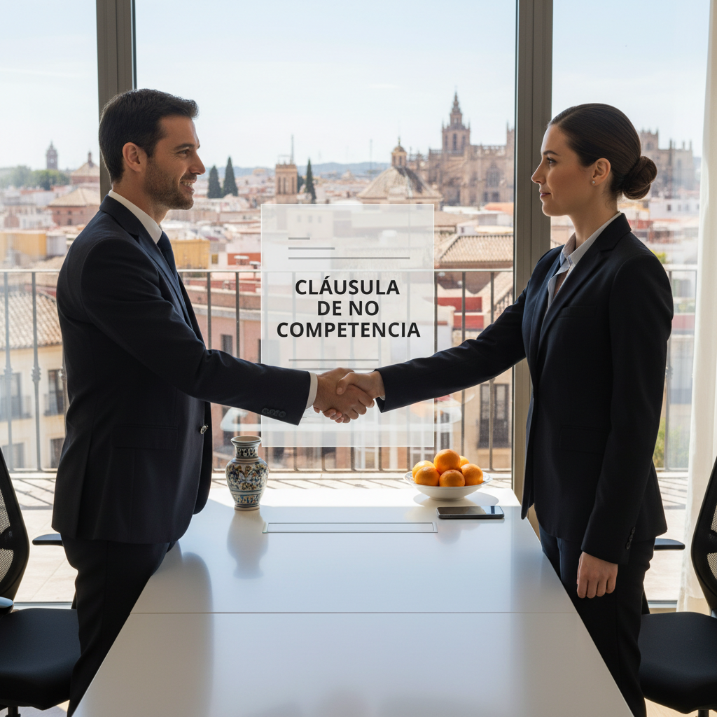 A photorealistic image of a professional business meeting in a modern Spanish office, where two adults in business attire are shaking hands across a table, symbolizing a non-compete agreement in an employment context, with subtle Spanish elements like a flag or architecture in the background. No children, no documents visible, highly detailed and realistic.
