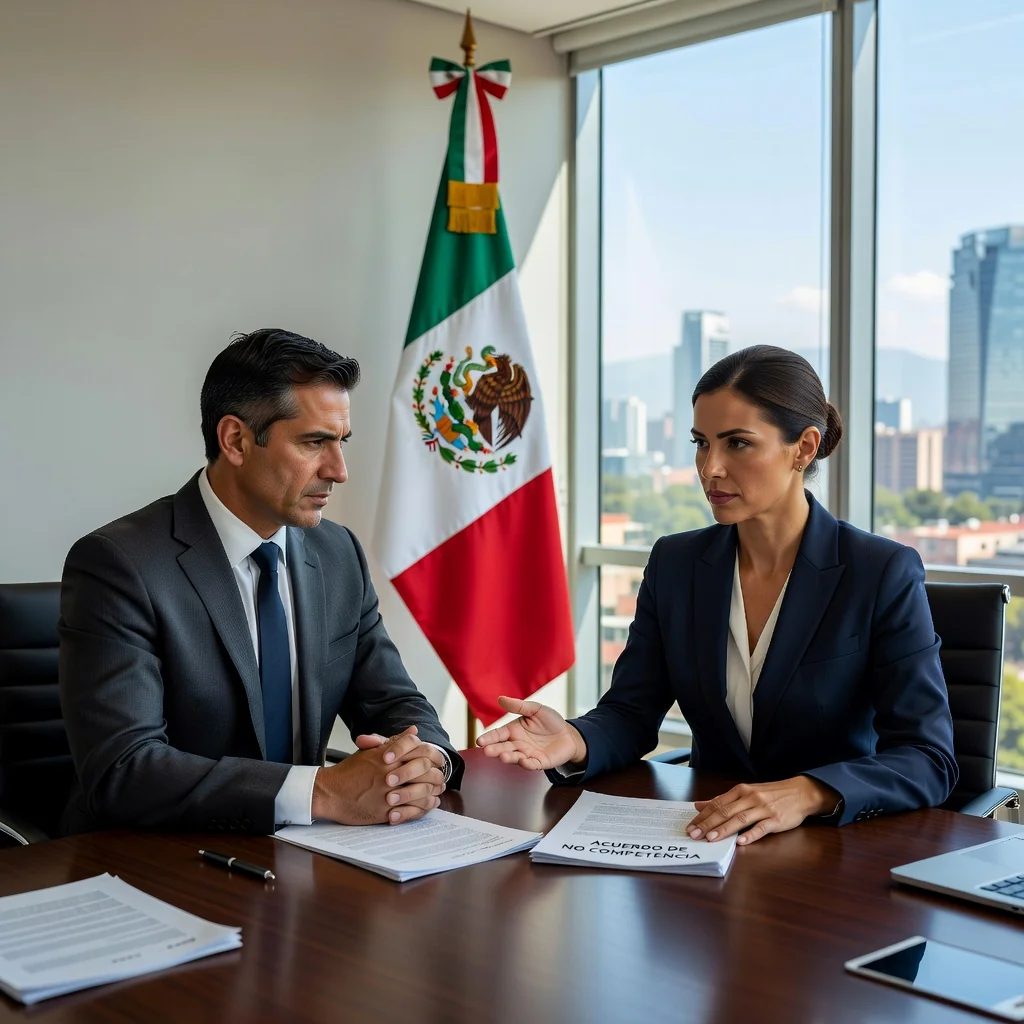 A photorealistic image representing the concept of a non-compete clause in Mexico, showing two professional adults in a business meeting in a modern Mexican office, discussing terms with a subtle map of Mexico in the background, emphasizing professional boundaries and career protection, no children present.