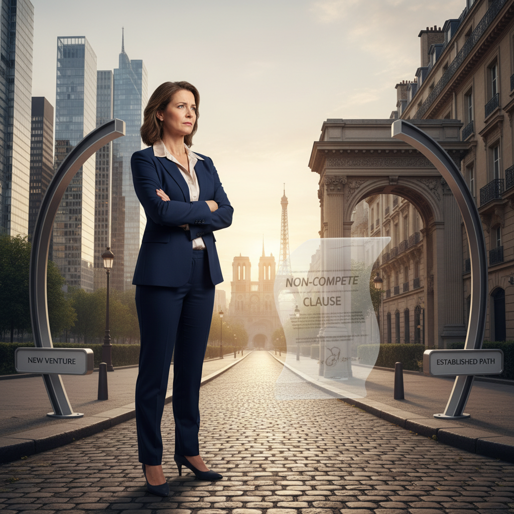 A photorealistic image of a professional adult businessperson standing at a crossroads in an urban French setting, symbolizing the choice between career paths and non-compete restrictions, with the Eiffel Tower visible in the background to evoke France. No children, no documents visible, focus on the contemplative expression and professional attire.