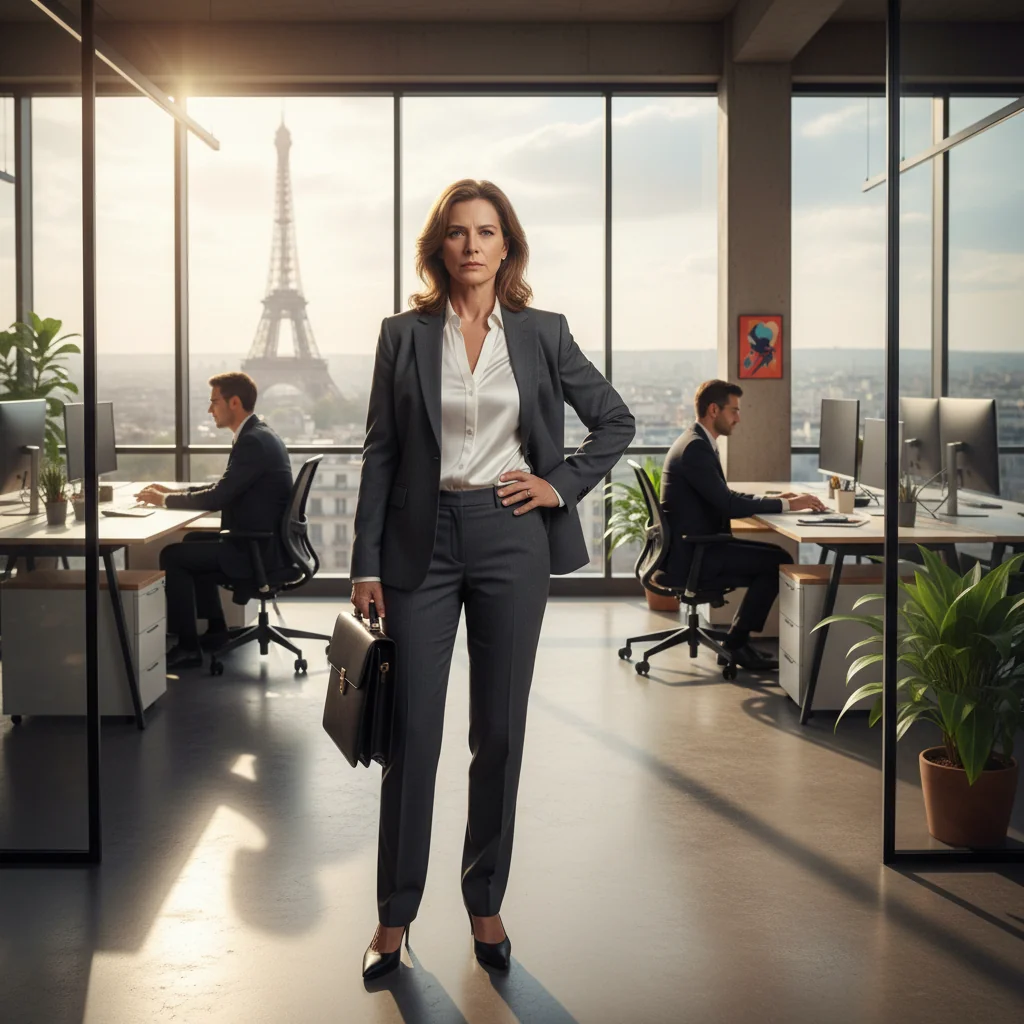 A photorealistic image of a professional adult in a modern French office setting, looking determined and focused on their career, symbolizing commitment to employment without competing, with subtle French elements like the Eiffel Tower in the background view.