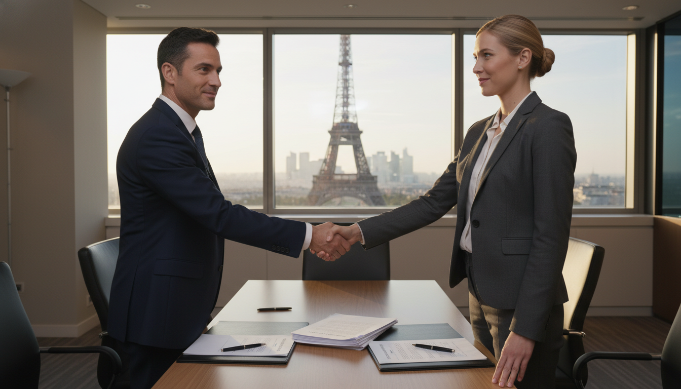 Business professionals signing contract in France