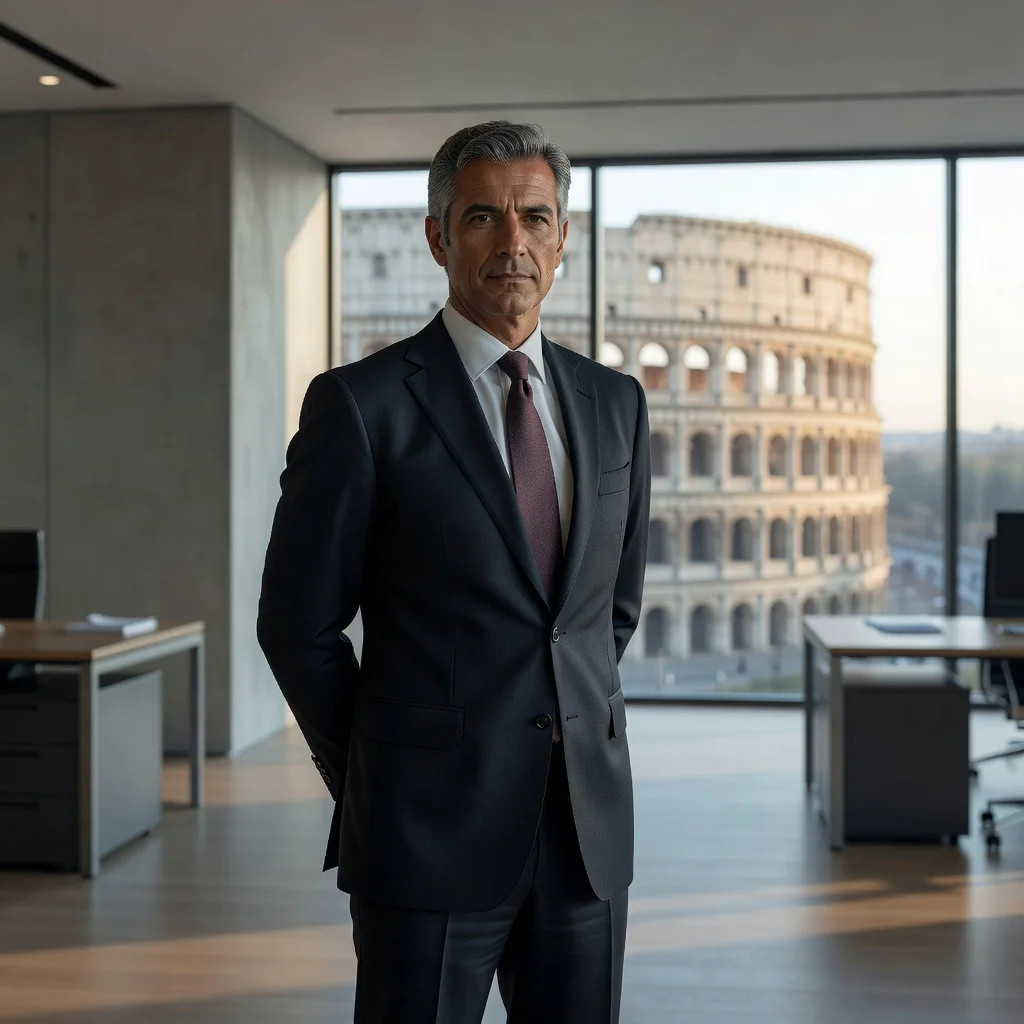 A photorealistic image representing the concept of a non-compete agreement in Italy, showing a professional businessperson in a modern office setting in Italy, perhaps with Italian landmarks in the background, symbolizing career protection and business confidentiality without displaying any documents.