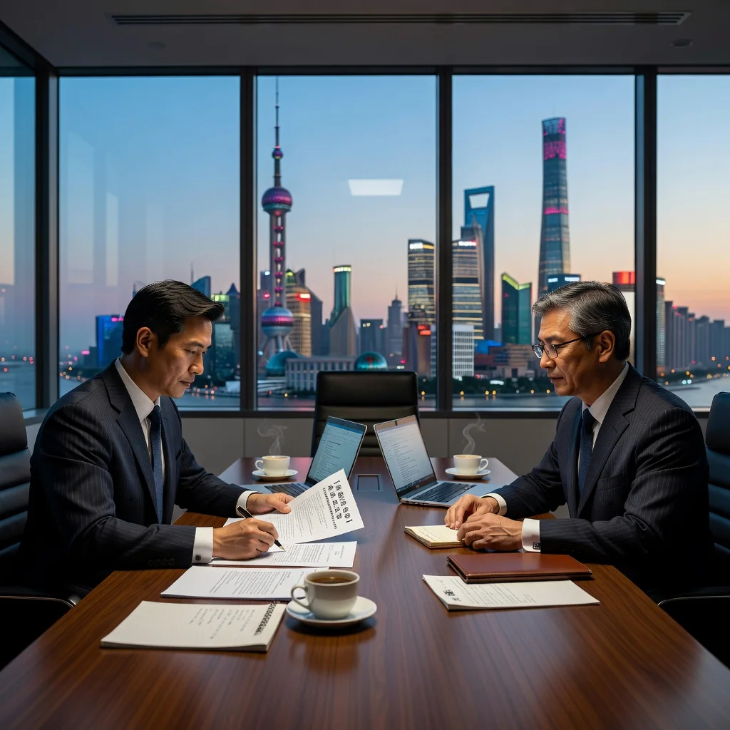 A photorealistic image depicting a professional business meeting in a modern Chinese office, where an employee is signing a non-compete agreement with a company executive, symbolizing the purpose of non-compete clauses in employment contracts. The scene shows adults in business attire discussing terms at a conference table, with subtle Chinese cultural elements like a city skyline view from the window. No children are present in the image.