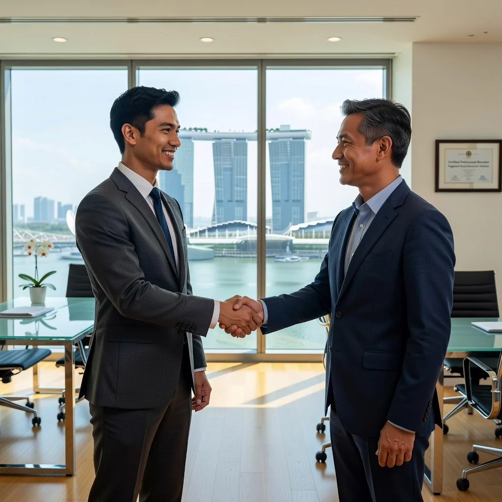A photorealistic image of a confident young professional in a modern Singapore office setting, shaking hands with a recruiter across a desk, symbolizing successful negotiation of a job offer. The atmosphere is positive and professional, with elements like the Singapore skyline visible through large windows in the background. No children are present in the image.