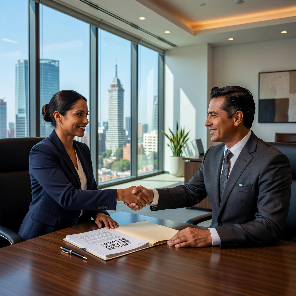 A photorealistic image of a professional handshake between a Mexican employer and a new employee in a modern office setting in Mexico City, symbolizing the offer of employment and the start of a new job opportunity, with subtle Mexican cultural elements like a flag or cityscape in the background. No children are present in the image.